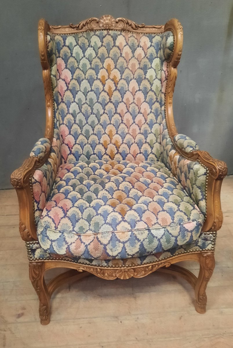 Bergere à oreilles en bois sculpté de style Louis XVI -photo-2