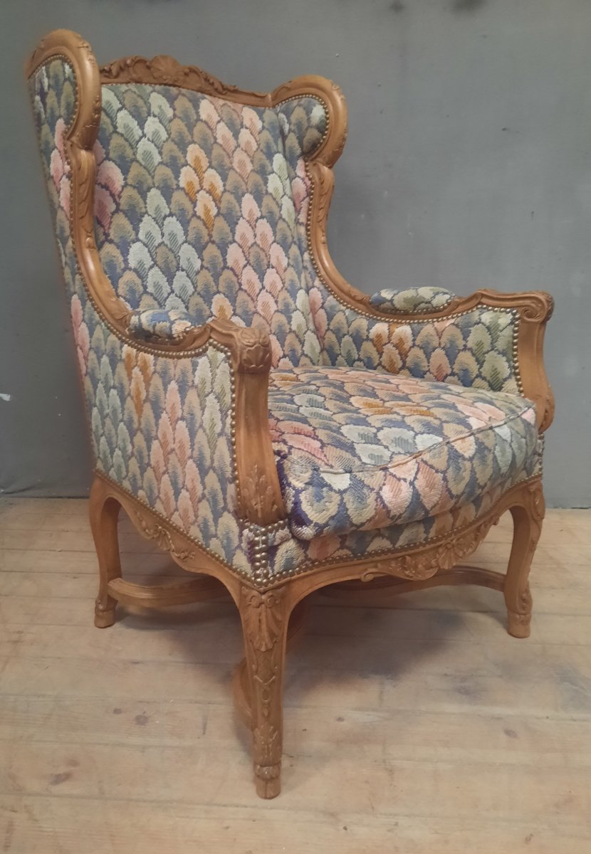 Bergere à oreilles en bois sculpté de style Louis XVI -photo-1