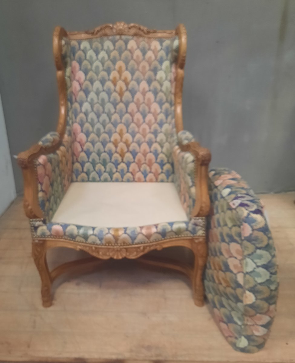 Bergere à oreilles en bois sculpté de style Louis XVI -photo-6