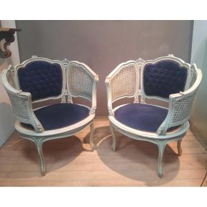 Paire de bergere en bois laqué et canage style Louis XV 
