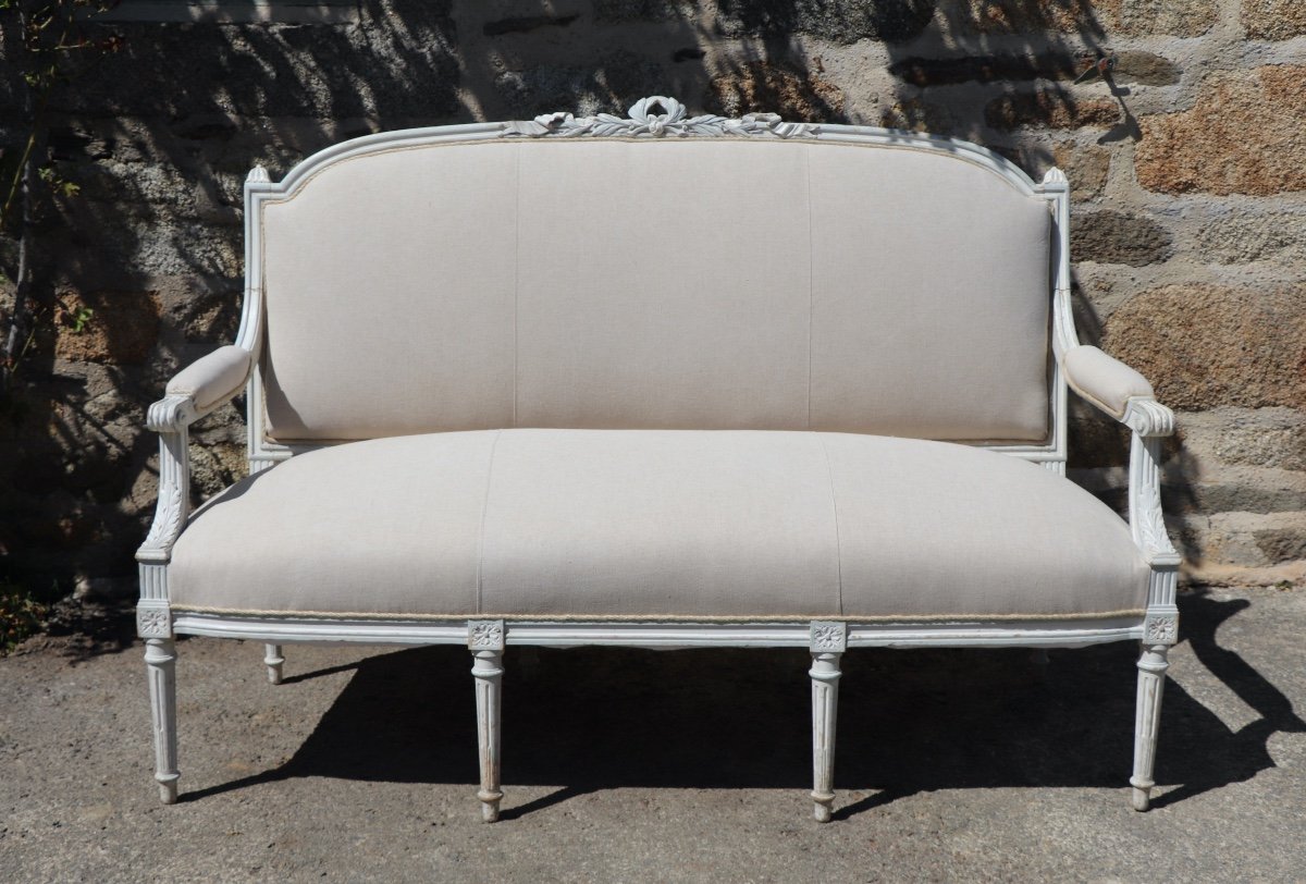 Canapé Style Louis XVI, Retapissé Lin Ancien 