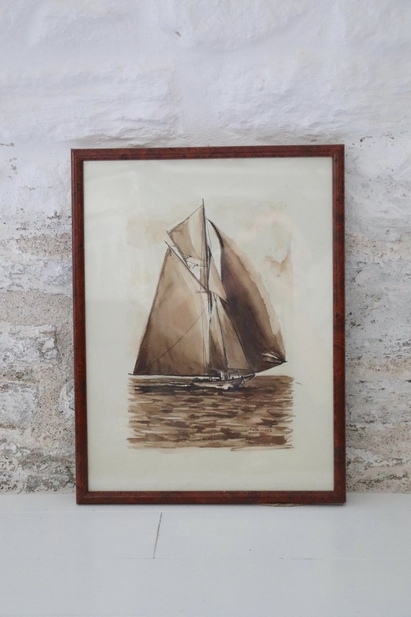 Pair Of Watercolor Washes Sailing Ships Francis Kulhen - French Artist -photo-2
