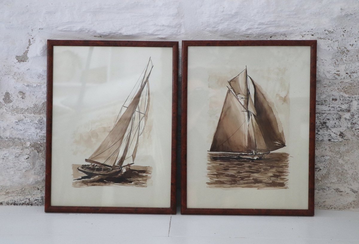 Pair Of Watercolor Washes Sailing Ships Francis Kulhen - French Artist 