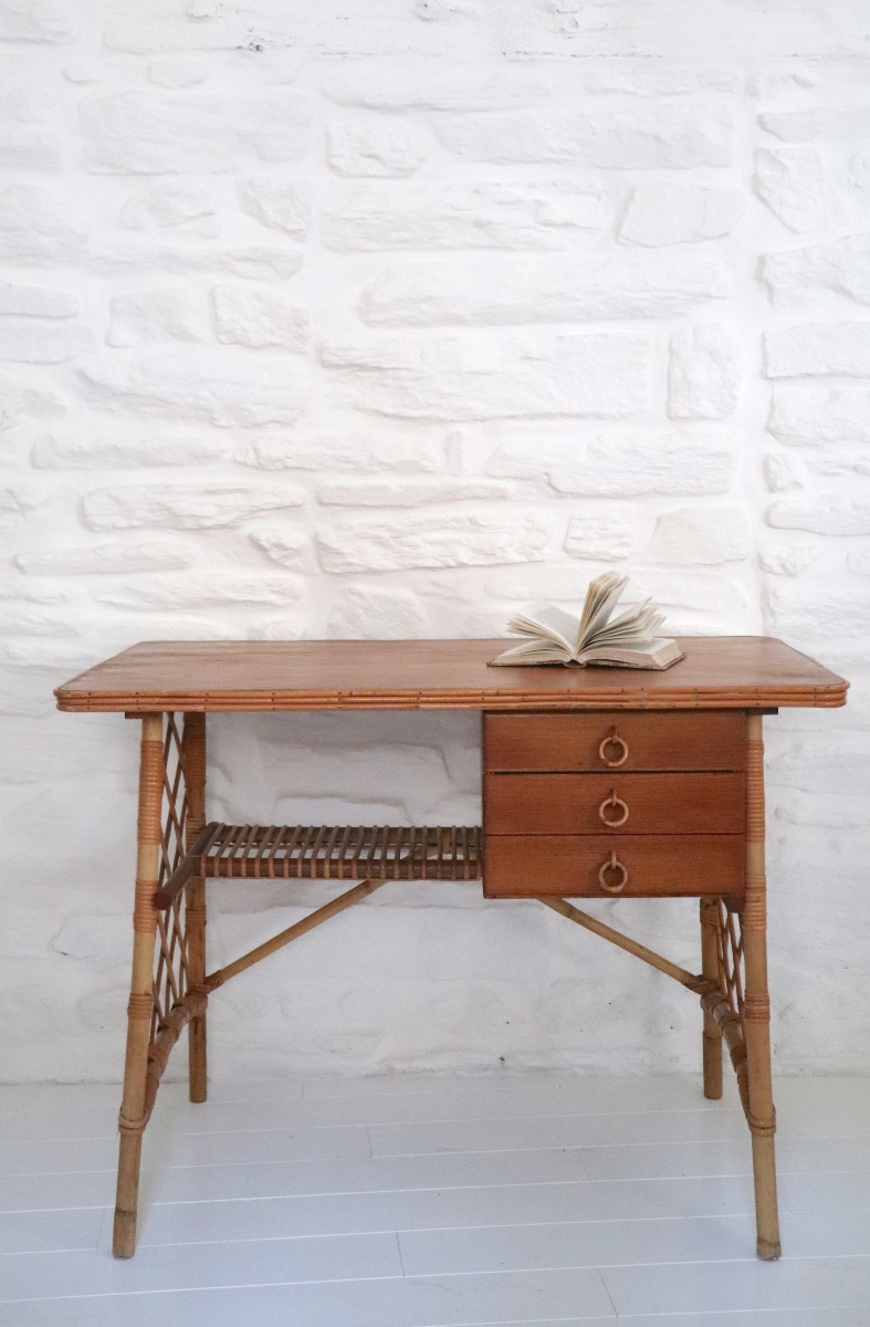 Bureau et chaise en rotin  Louis Sognot années 1950-1960-photo-3