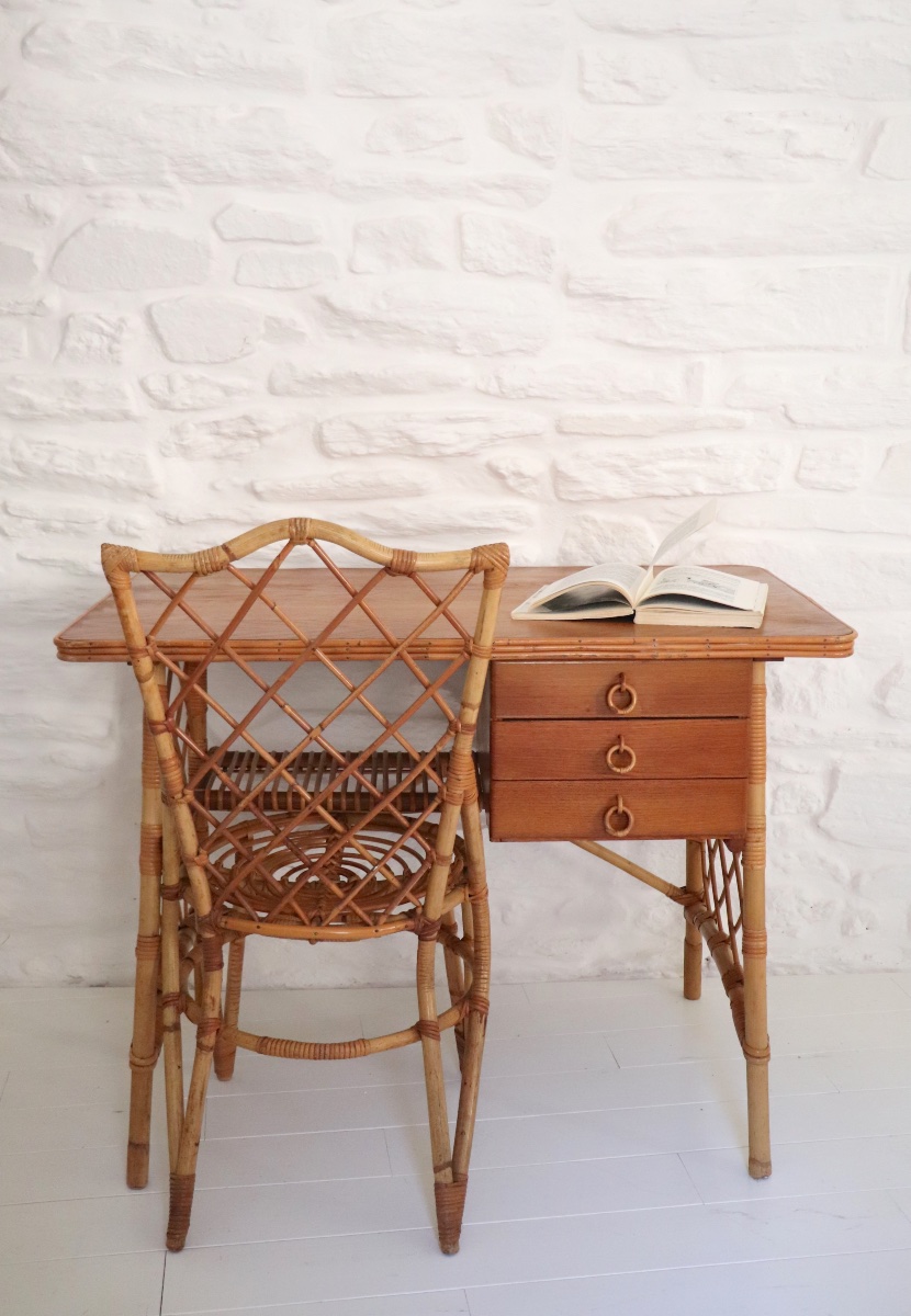 Bureau et chaise en rotin  Louis Sognot ann&eacute;es 1950-1960-photo-2