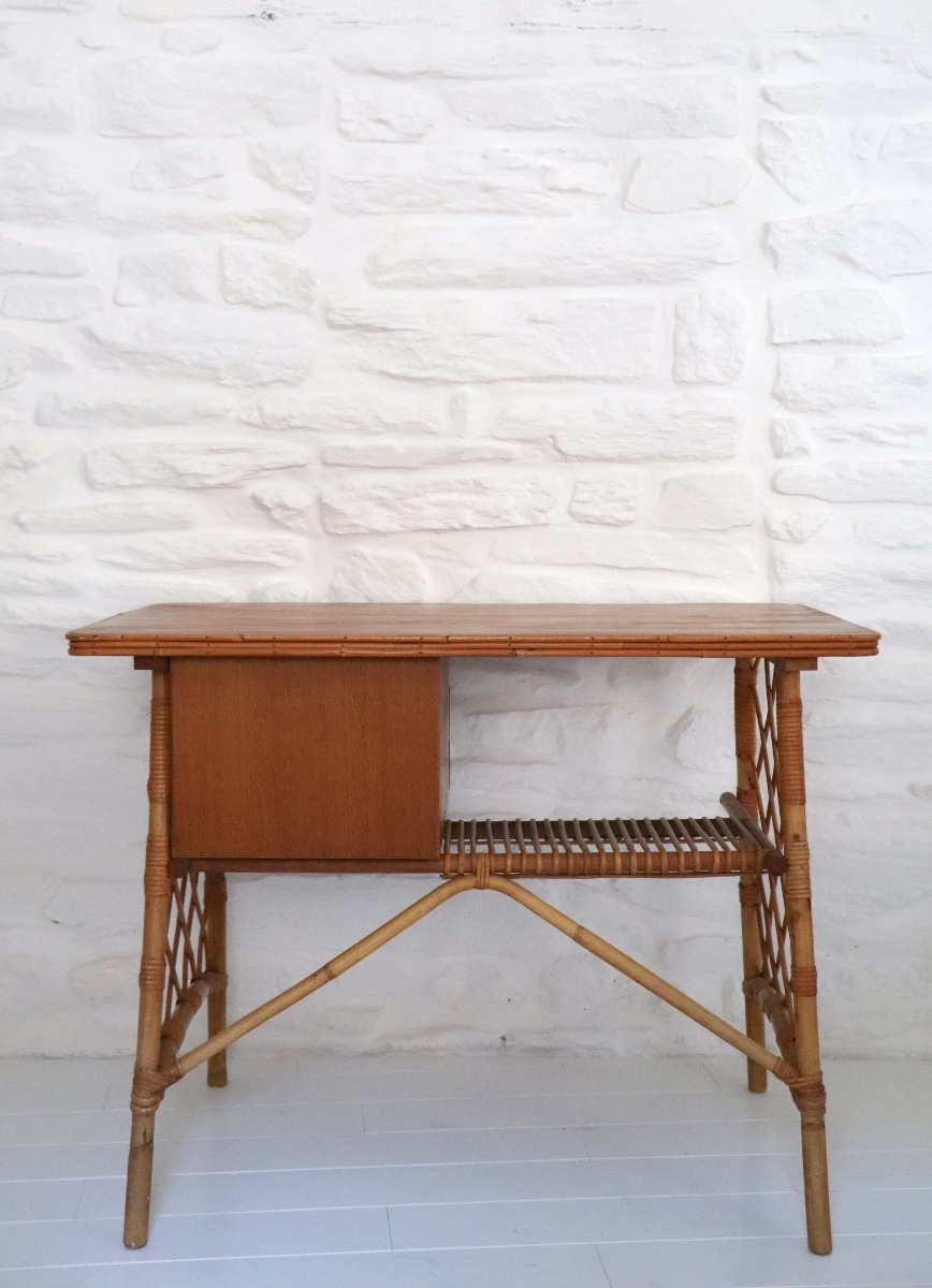 Bureau et chaise en rotin  Louis Sognot années 1950-1960-photo-1