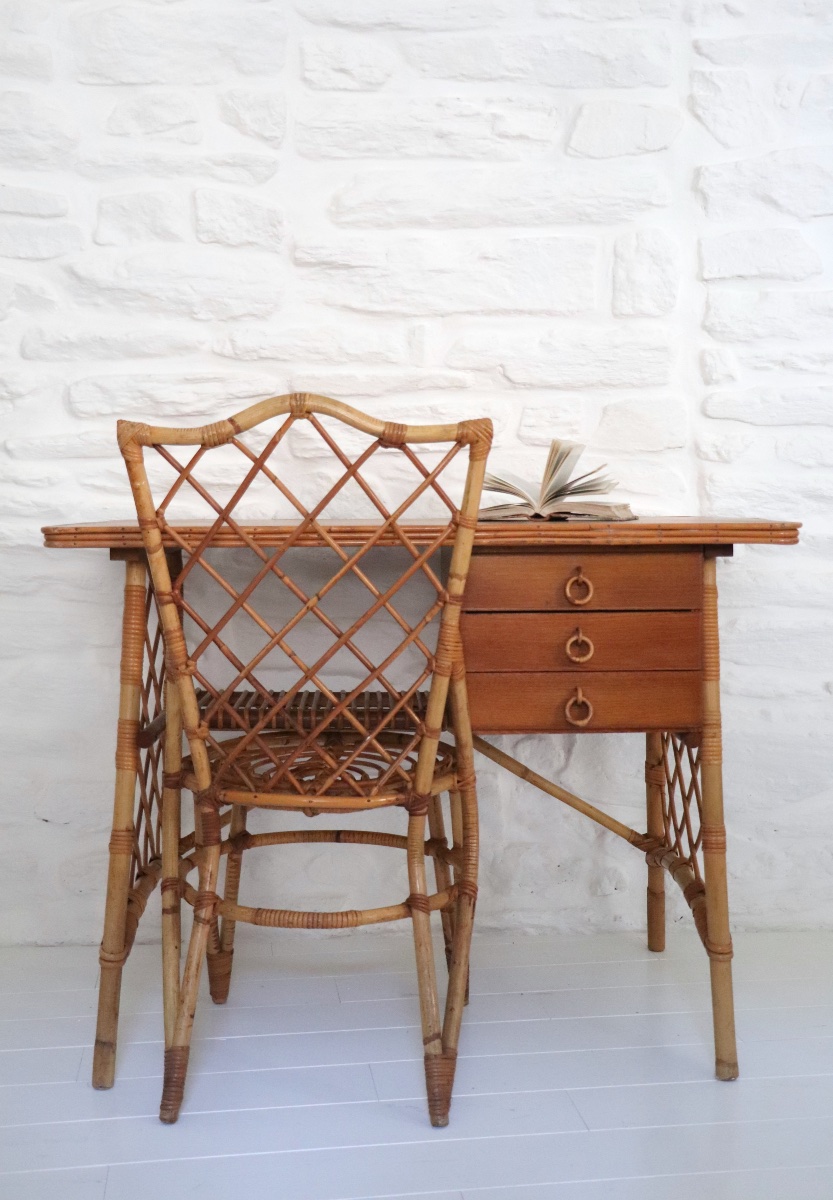 Bureau et chaise en rotin  Louis Sognot années 1950-1960-photo-5