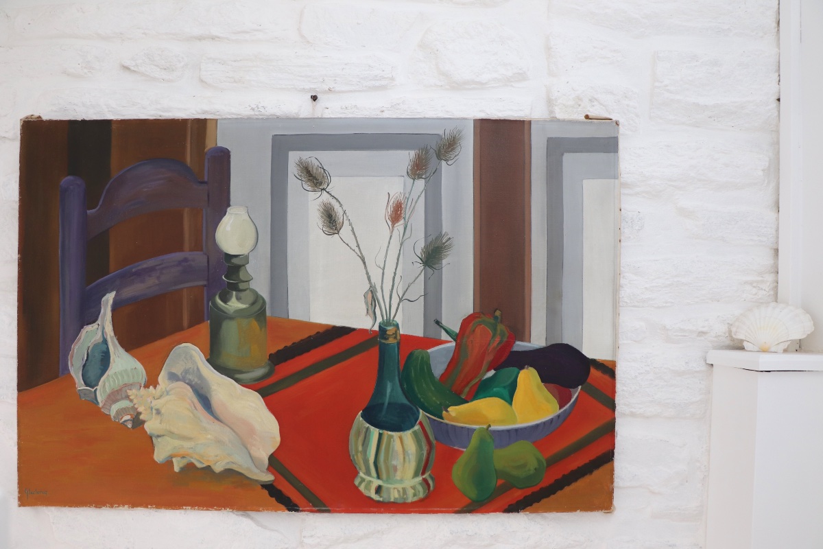 Nature morte aux coquillages sur nappe rayée, Guy Leclercq, XXe siècle