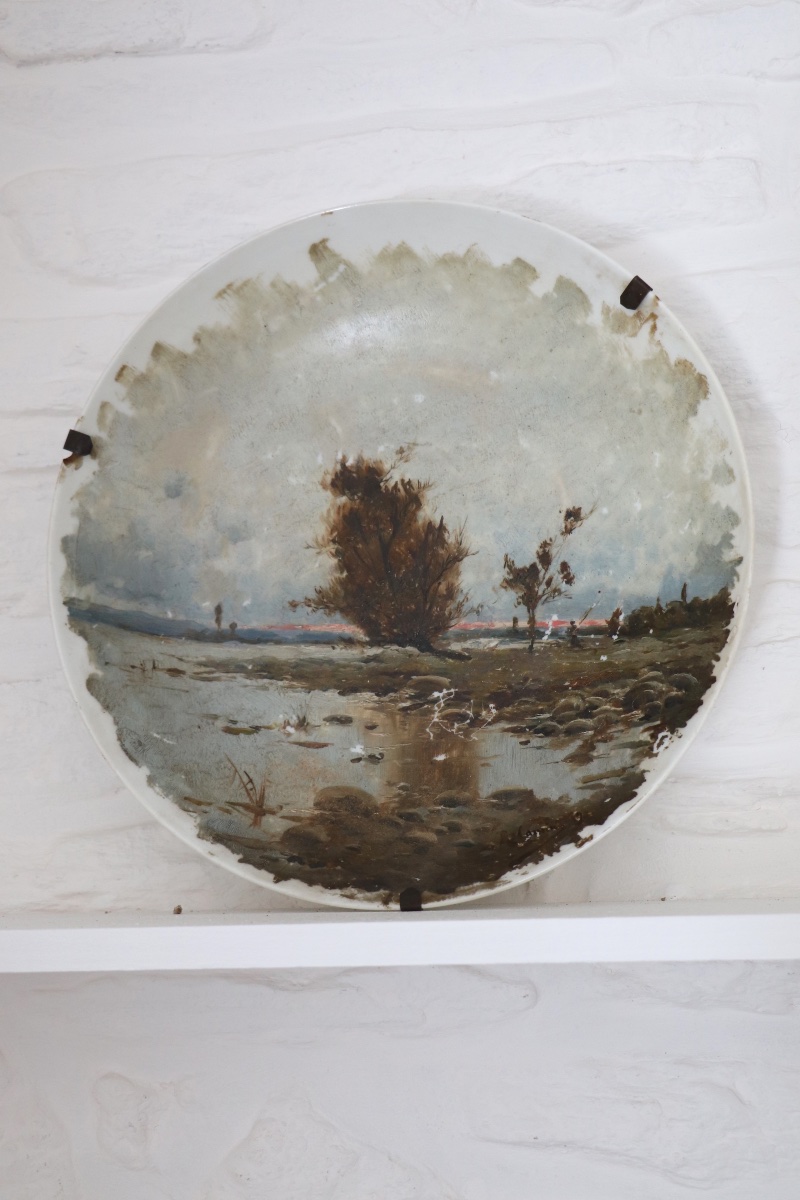 Paire de grandes assiettes peintes à la main, voilier et paysage – fin XIXᵉ siècle-photo-4