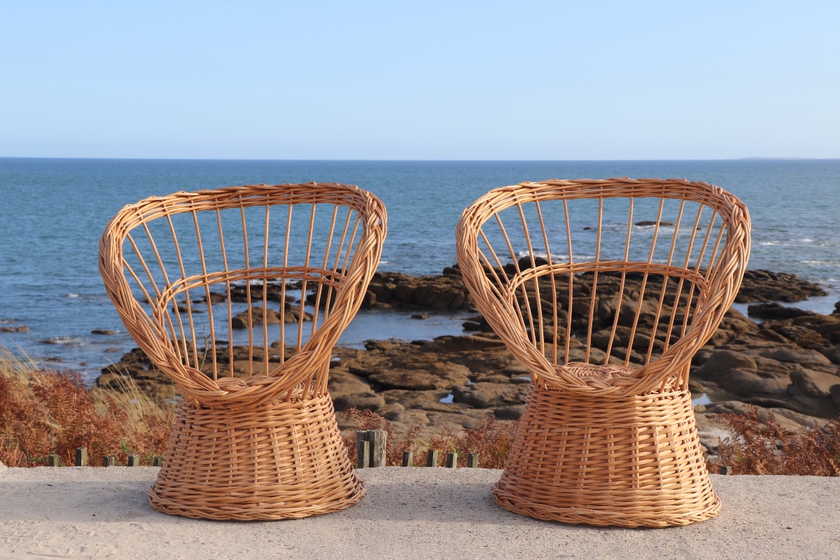  Pair Of Wicker Armchairs, France, 20th Century-photo-2
