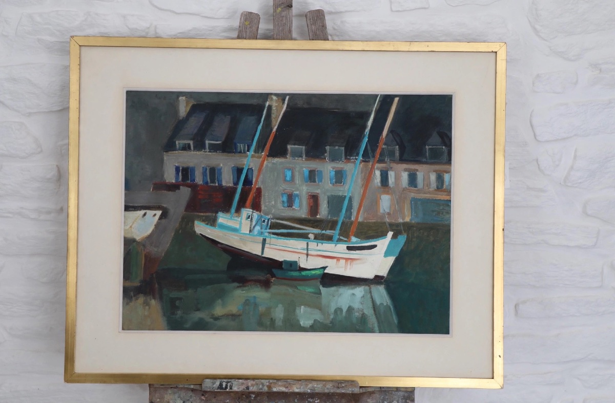 Gouache – Breton Seascape, Boats Moored At The Harbor, 1971-photo-3