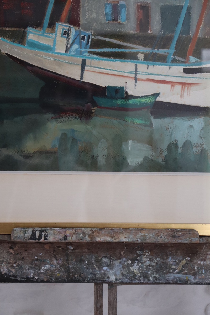 Gouache – Breton Seascape, Boats Moored At The Harbor, 1971-photo-4