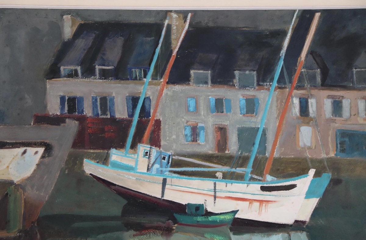 Gouache – Breton Seascape, Boats Moored At The Harbor, 1971-photo-1