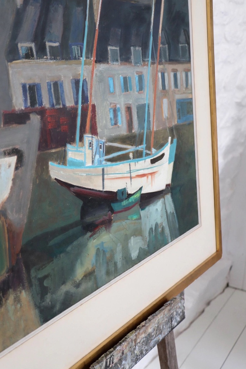 Gouache – Breton Seascape, Boats Moored At The Harbor, 1971-photo-2