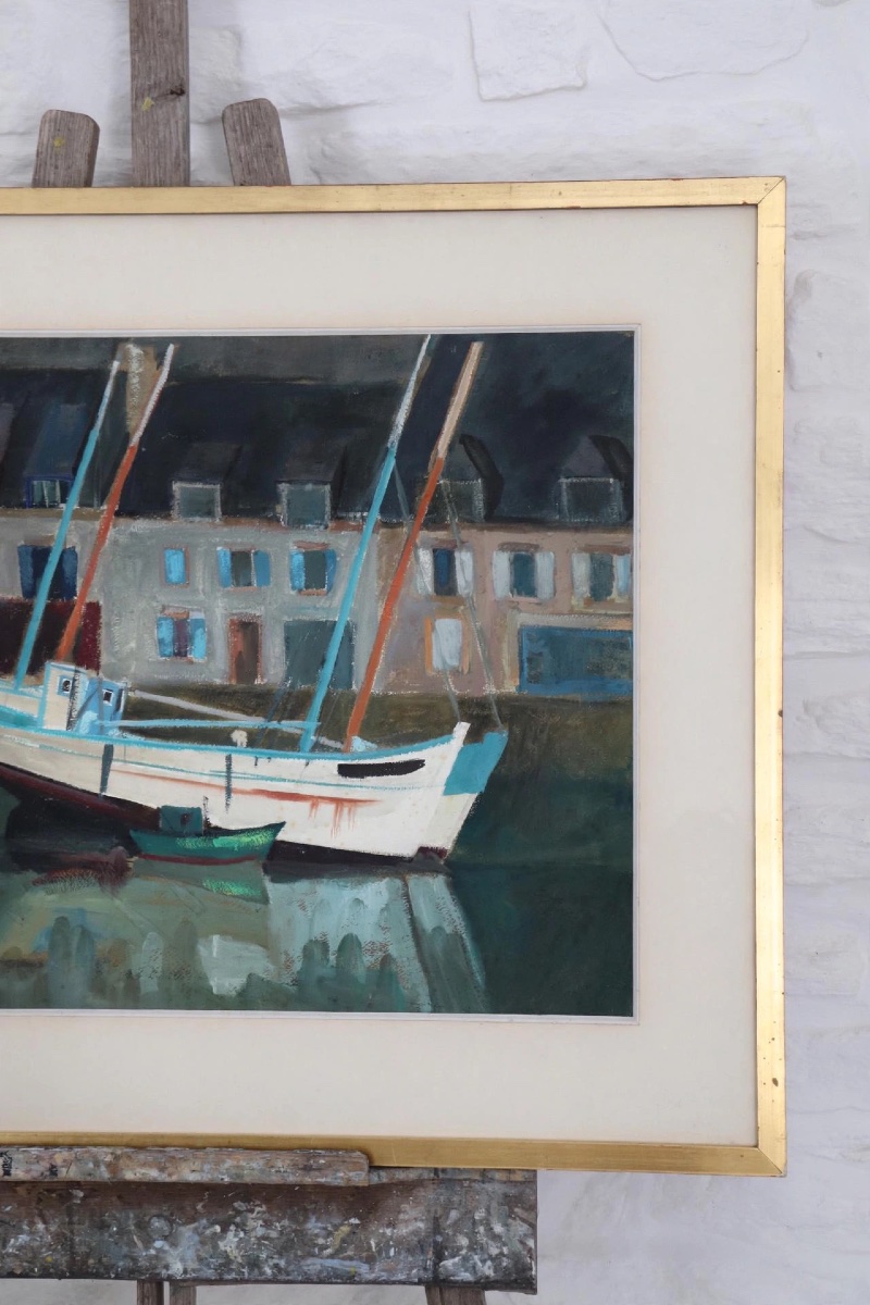 Gouache – Breton Seascape, Boats Moored At The Harbor, 1971-photo-3