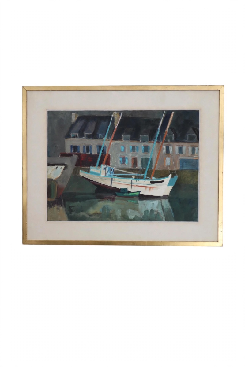 Gouache – Breton Seascape, Boats Moored At The Harbor, 1971-photo-6