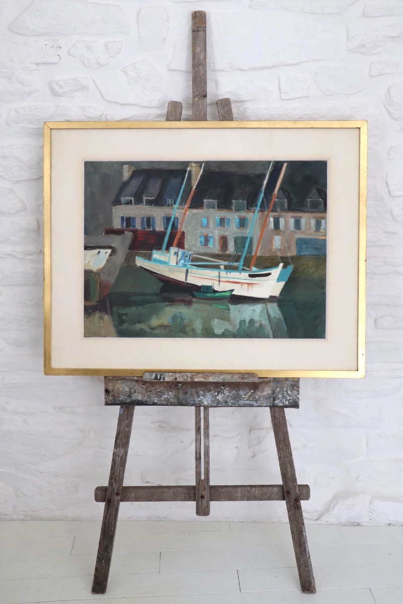 Gouache – Breton Seascape, Boats Moored At The Harbor, 1971