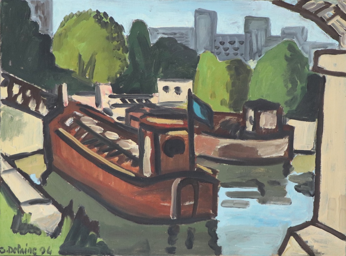 Huile sur toile Péniches sur la Seine, G. Delaire, XXe siècle-photo-2