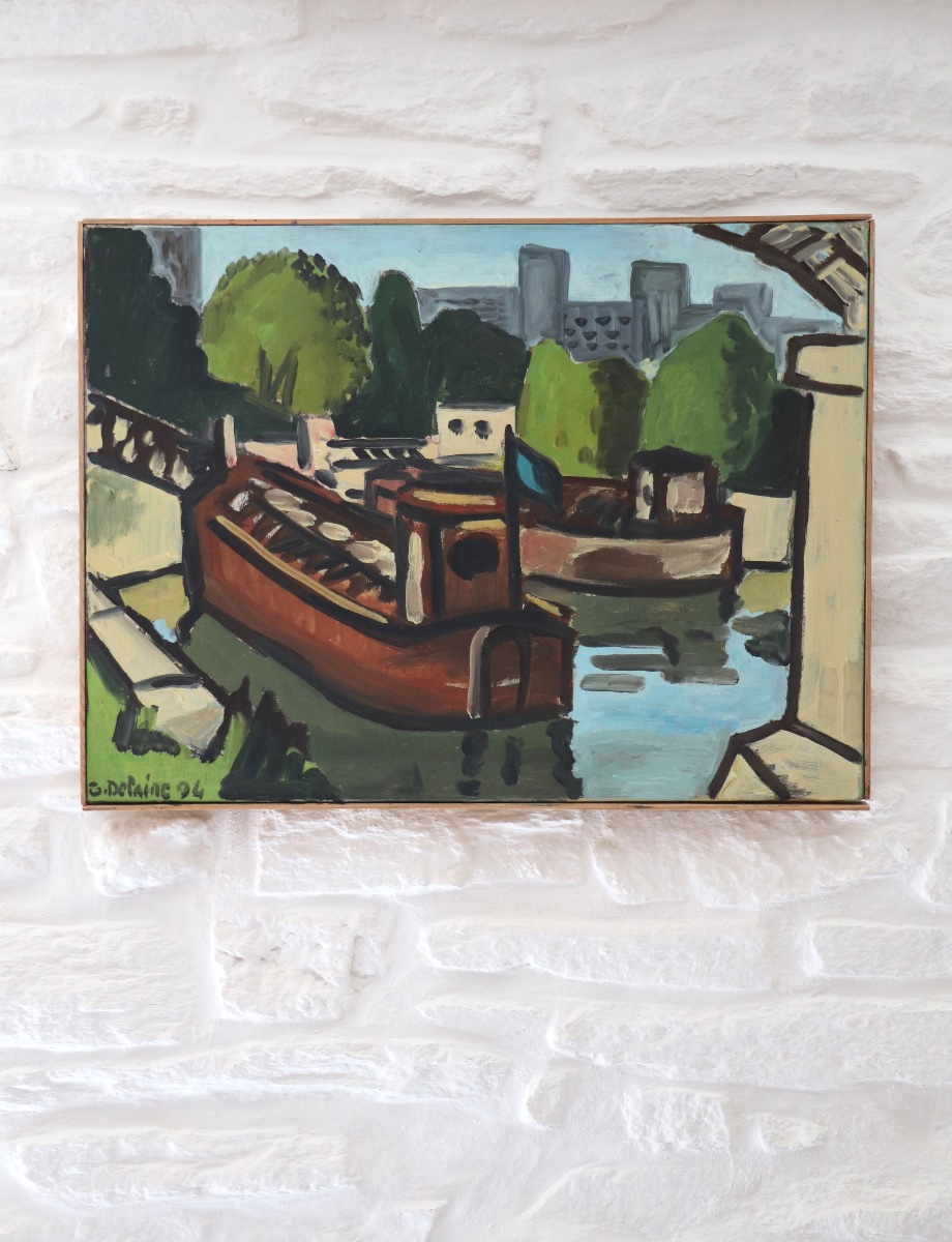 Huile sur toile Péniches sur la Seine, G. Delaire, XXe siècle-photo-3