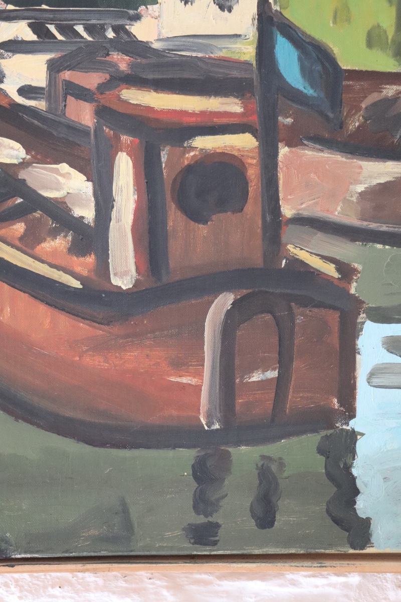 Huile sur toile Péniches sur la Seine, G. Delaire, XXe siècle-photo-4