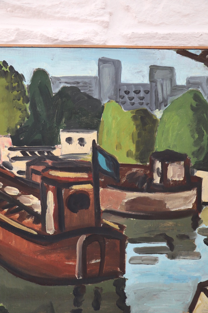 Huile sur toile Péniches sur la Seine, G. Delaire, XXe siècle-photo-1