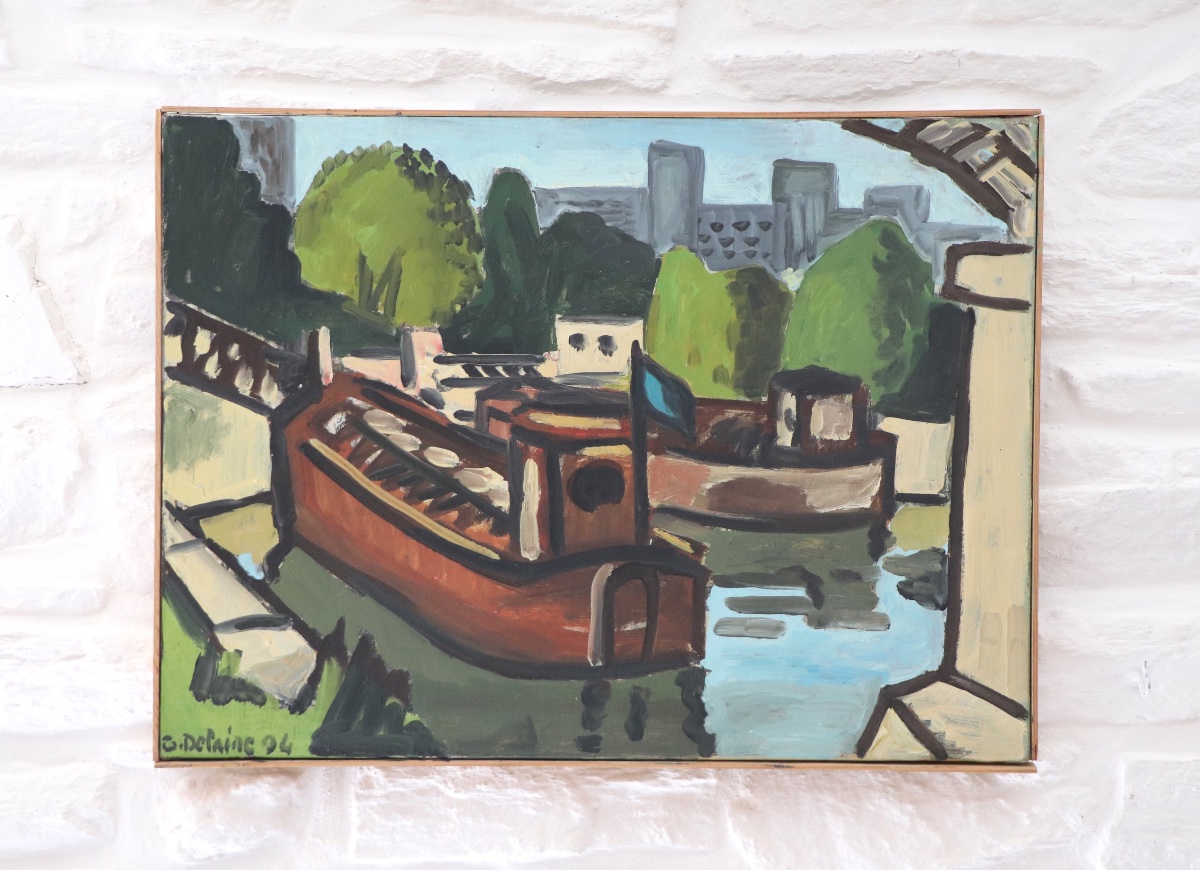 Huile sur toile Péniches sur la Seine, G. Delaire, XXe siècle-photo-4