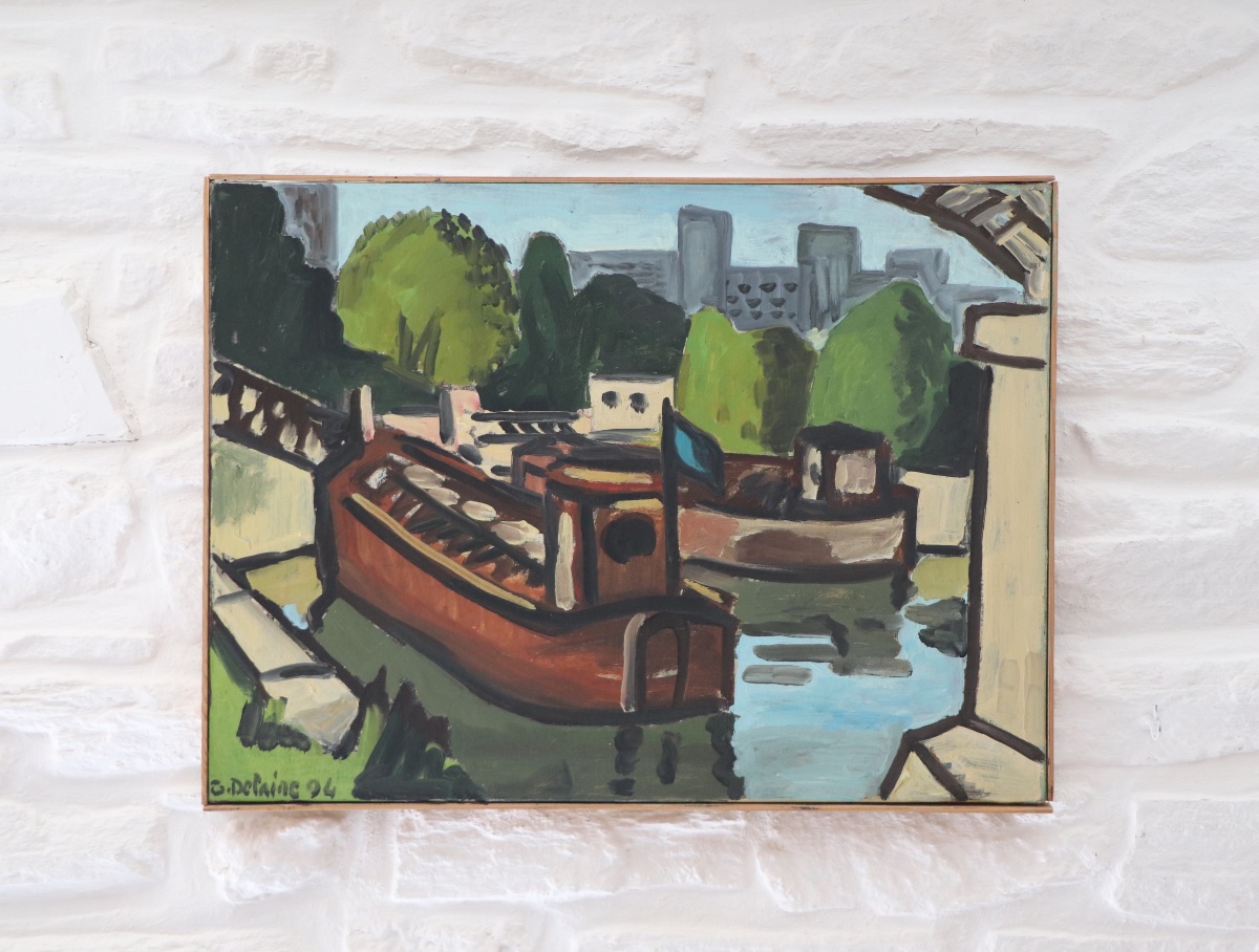 Huile sur toile Péniches sur la Seine, G. Delaire, XXe siècle