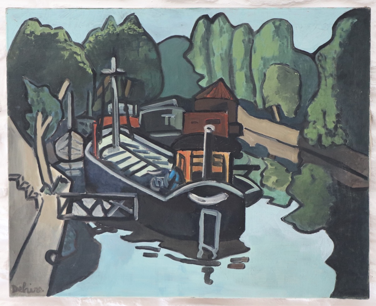 Grande huile sur toile Péniches sur la Seine, G. Delaire, XXe siècle-photo-2