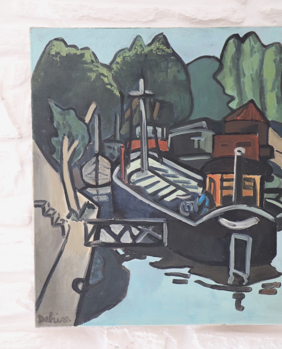Grande huile sur toile Péniches sur la Seine, G. Delaire, XXe siècle-photo-4
