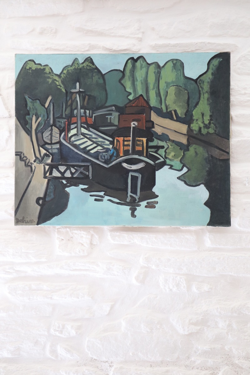 Grande huile sur toile Péniches sur la Seine, G. Delaire, XXe siècle-photo-4