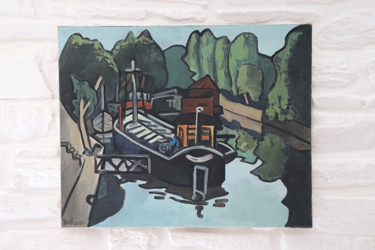 Grande huile sur toile Péniches sur la Seine, G. Delaire, XXe siècle-photo-5