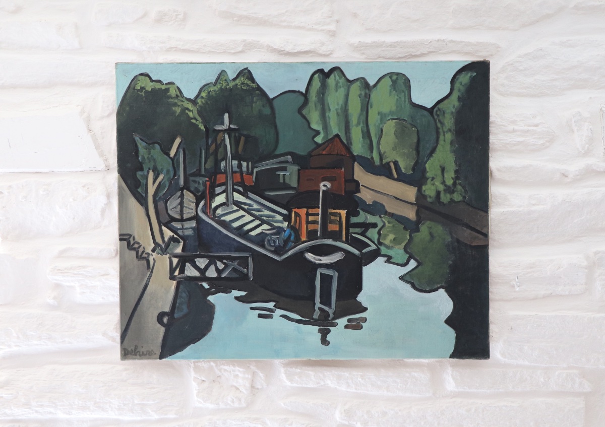 Grande huile sur toile Péniches sur la Seine, G. Delaire, XXe siècle