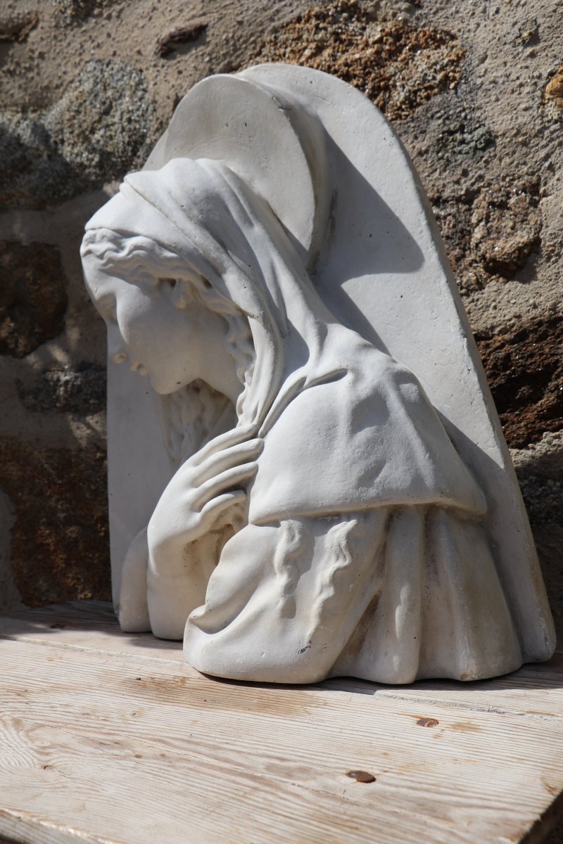 Sculpture bas-relief de la Sainte Vierge Marie En Plâtre Signée-photo-3