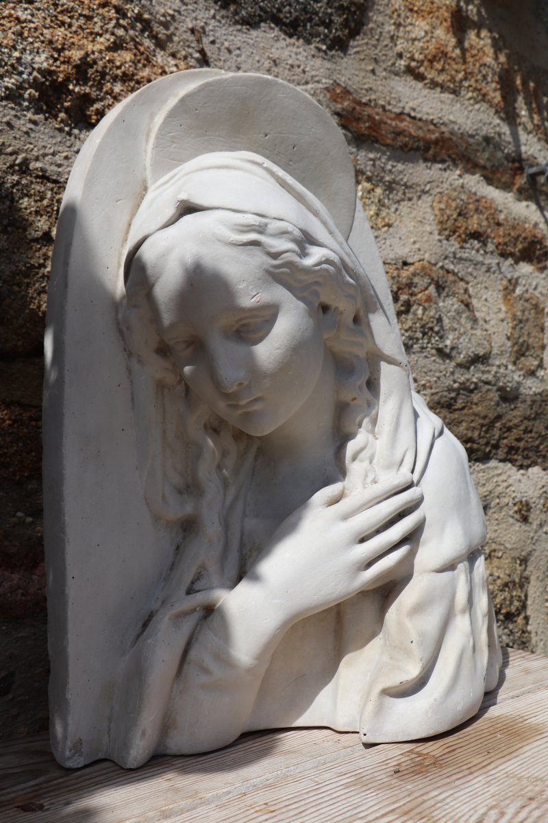 Sculpture bas-relief de la Sainte Vierge Marie En Plâtre Signée-photo-4