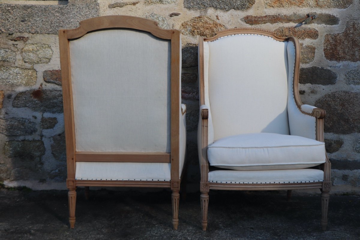 Paire De Bergères à Oreilles De Style Louis XVI Retapissées En Lin Ancien -photo-4