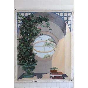 Grande huile sur toile panoramique en trompe-l’œil – XXe siècle