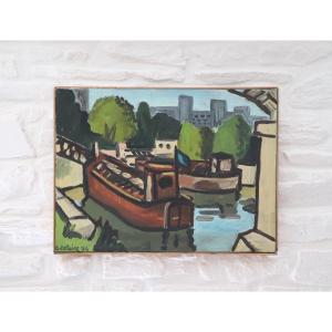 Oil On Canvas, *barges On The Seine*, G. Delaire, 20th Century