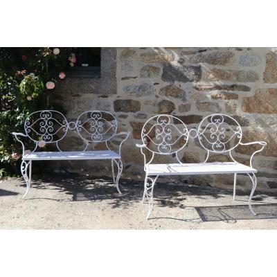 Pair Of Wrought Iron Garden Benches - 1900