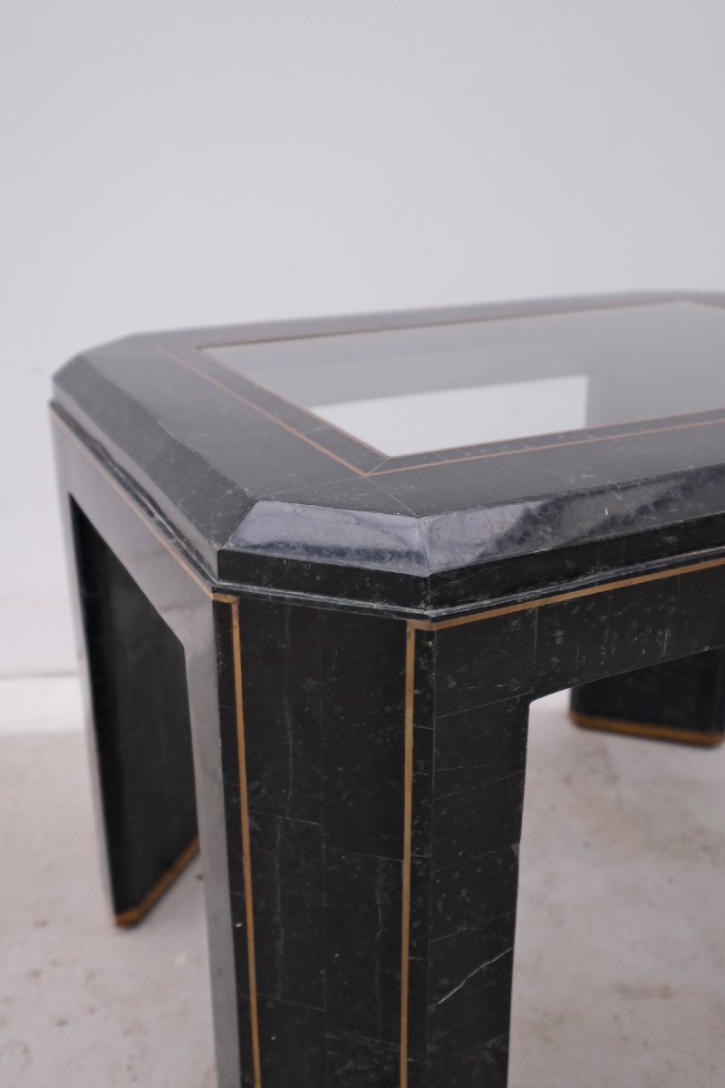 Table D’appoint En Marbre Vert Tesselée, Verre Et Laiton, 1960-photo-2