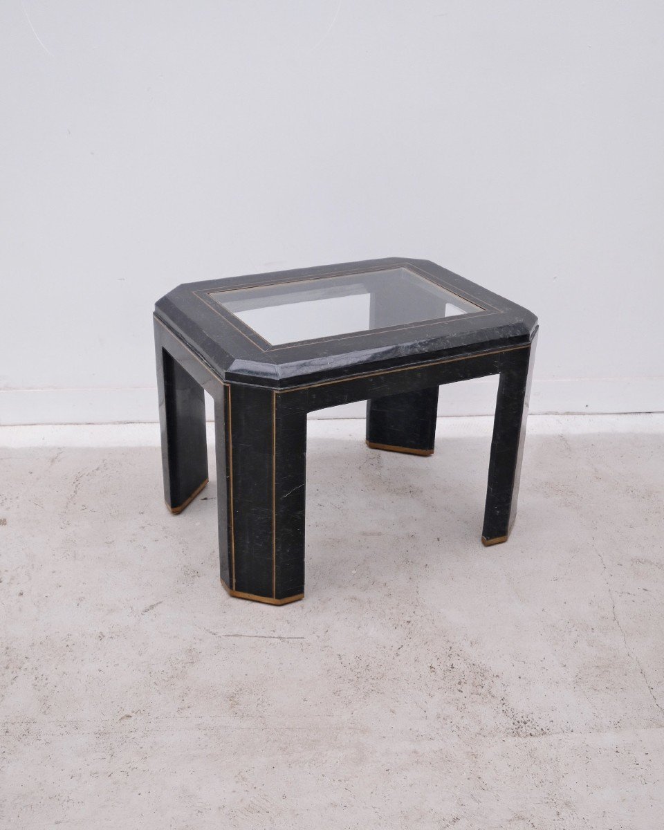 Table D’appoint En Marbre Vert Tesselée, Verre Et Laiton, 1960