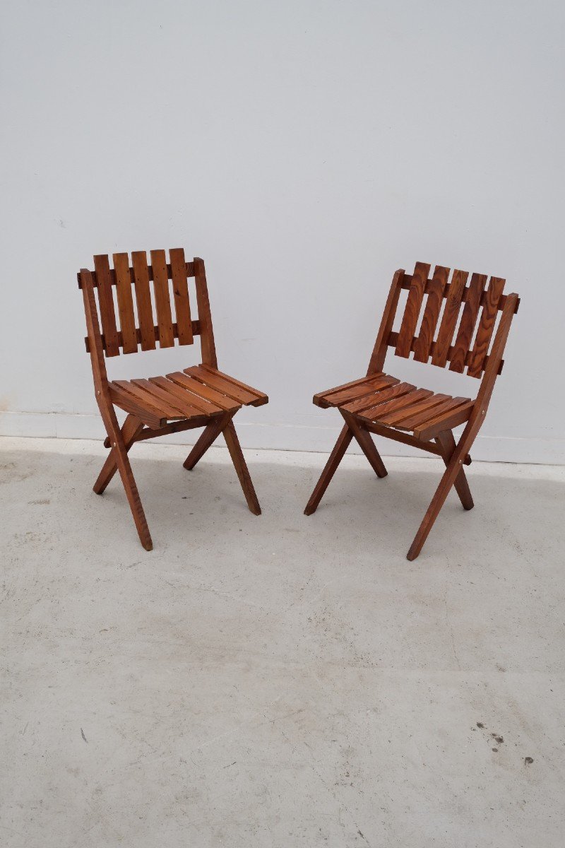 Pair Of Solid Pine Dejou Chairs, France 1950s -photo-2