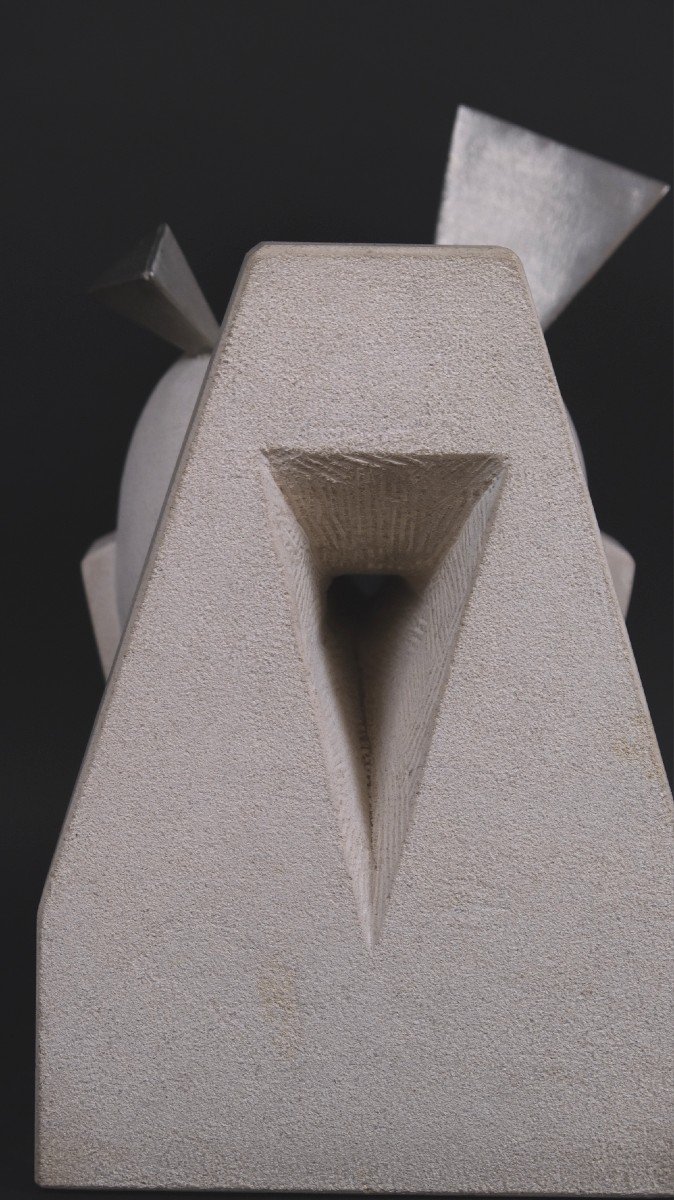 Sculpture En Pierre De Calcaire Et Acier « Souvenir Douloureux » De Hugo Verheyen, 1970-photo-5