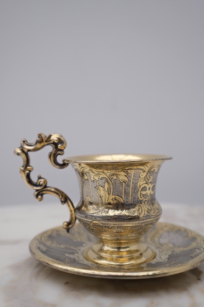 Tasse à Café Guilloché Et Gravé En Argent Massif, époque Louis Philippe -photo-2