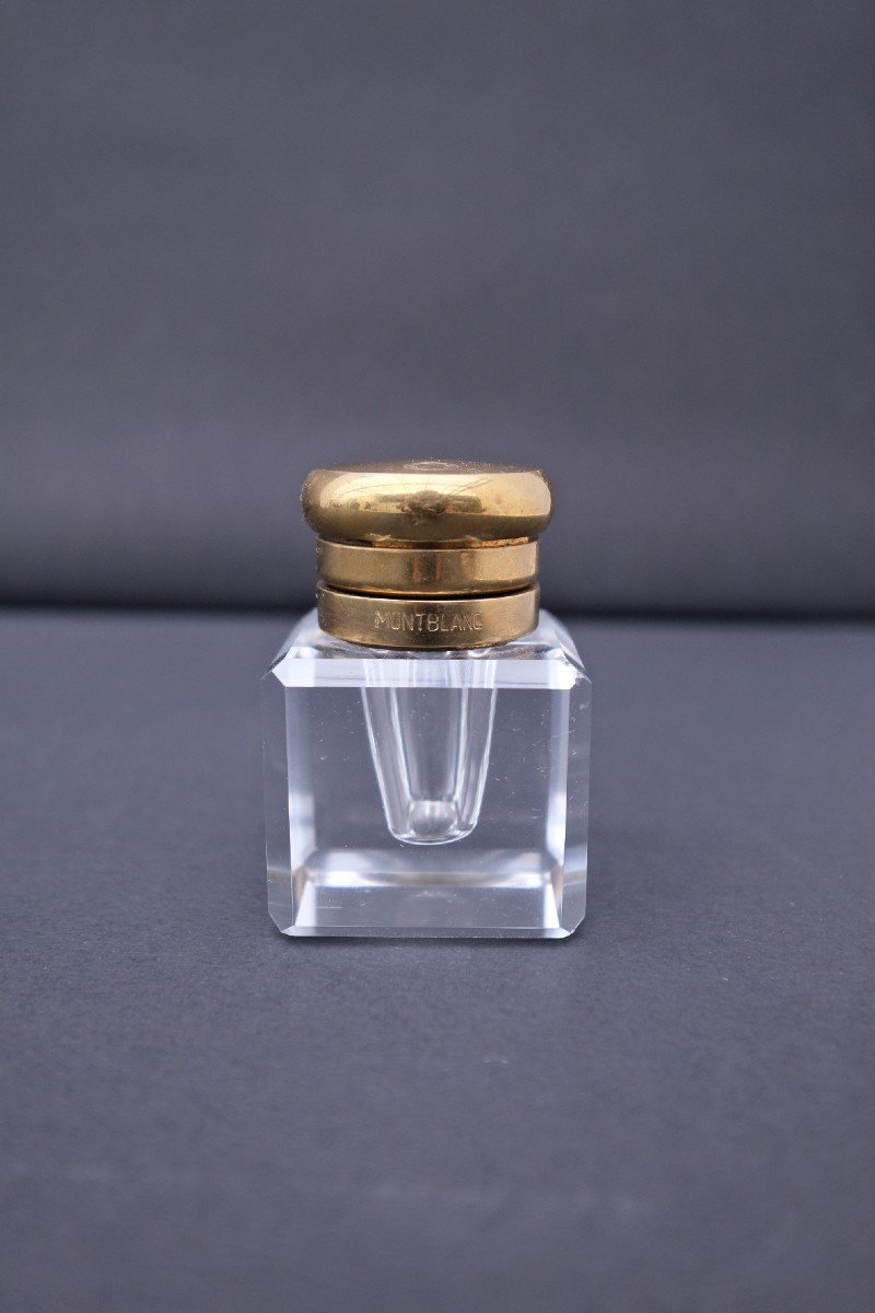 Encrier De Montblanc En Laiton Et Cristal, France 1970  -photo-4