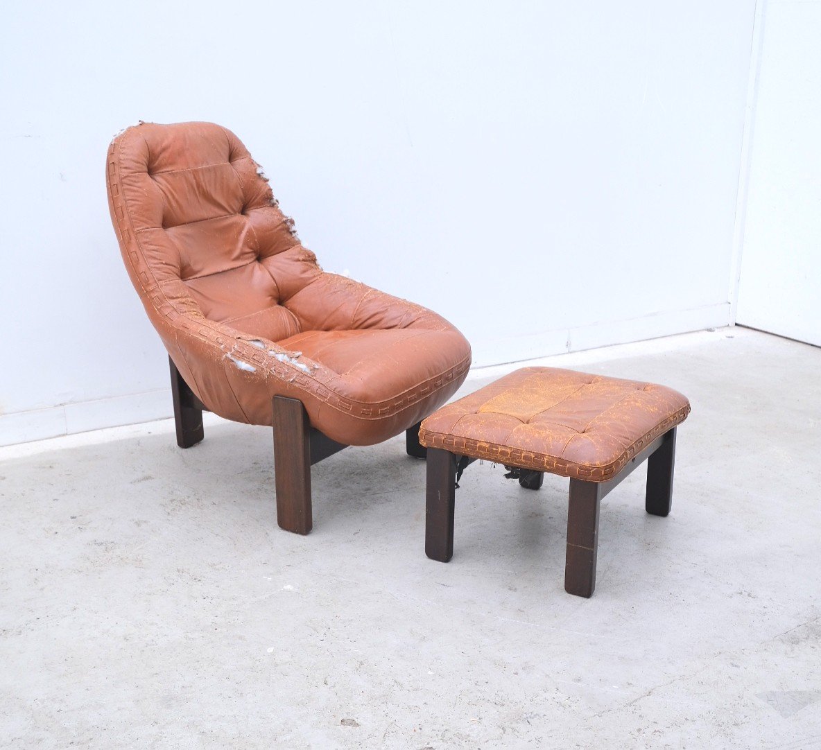 Armchair And Ottoman By Jean Gillon For Probel In Leather And Teak, Brazil 1970  