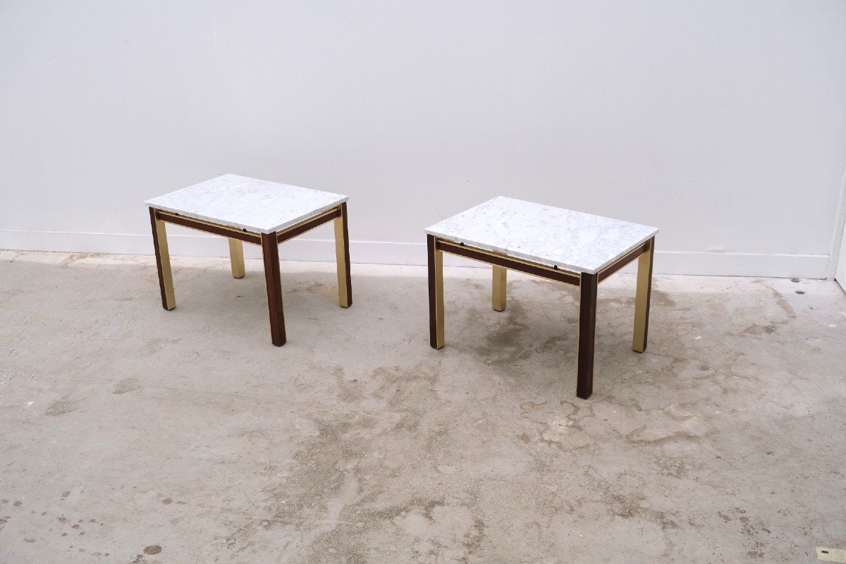 Paire De Tables D’appoint De Bendixen En Marbre, Palissandre Et Aluminium Doré, Danemark 1970  -photo-2