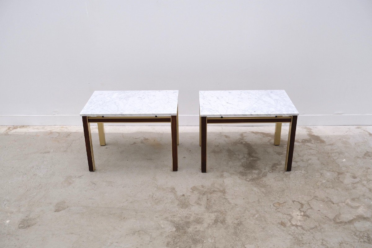 Paire De Tables D’appoint De Bendixen En Marbre, Palissandre Et Aluminium Doré, Danemark 1970  -photo-4