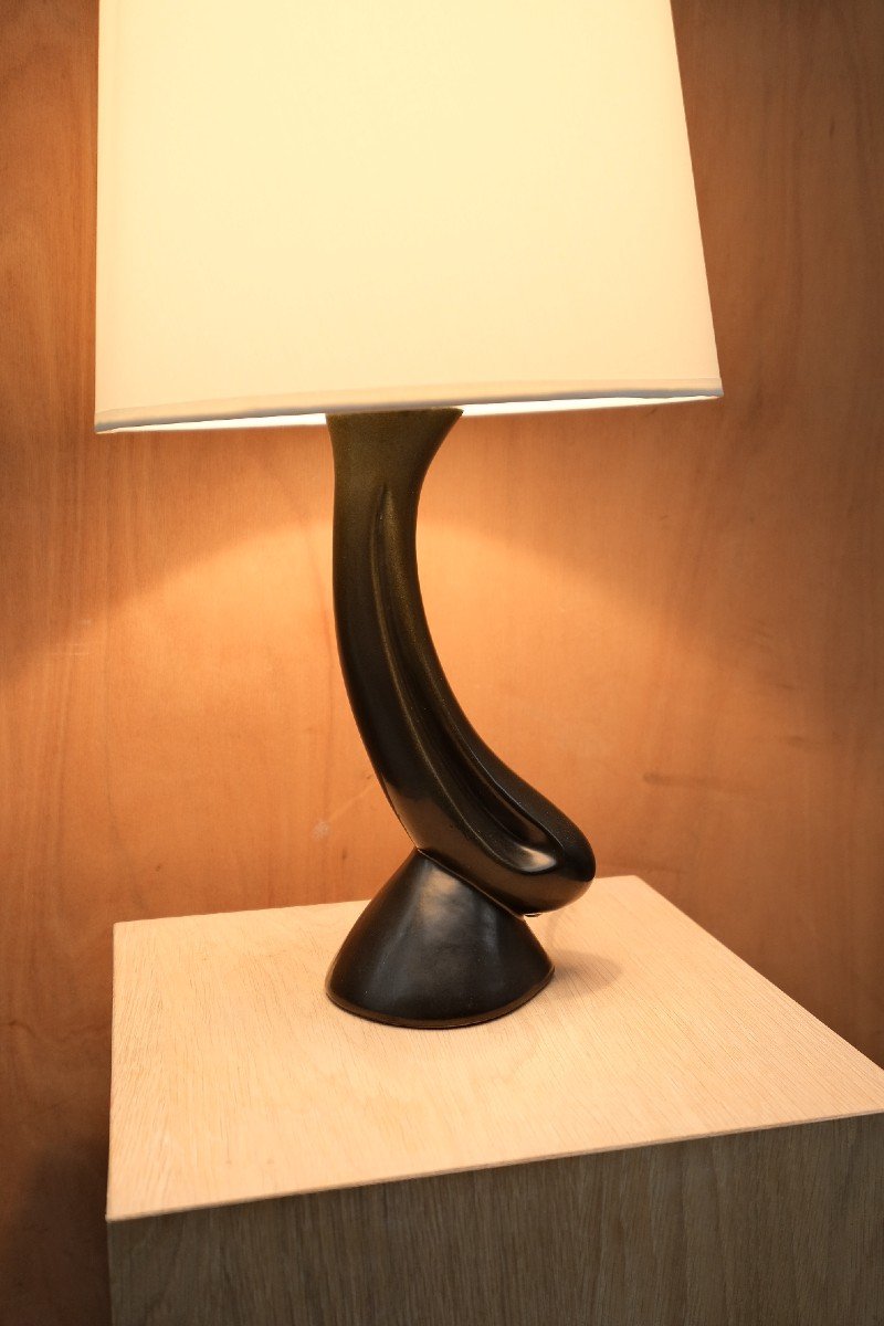 Black Enameled Ceramic Lamp, France 1950  -photo-3