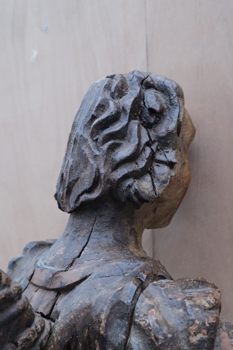 Sculpture Of A Religious Angel In Carved Wood And Polychromy, Late 18th Century  -photo-3