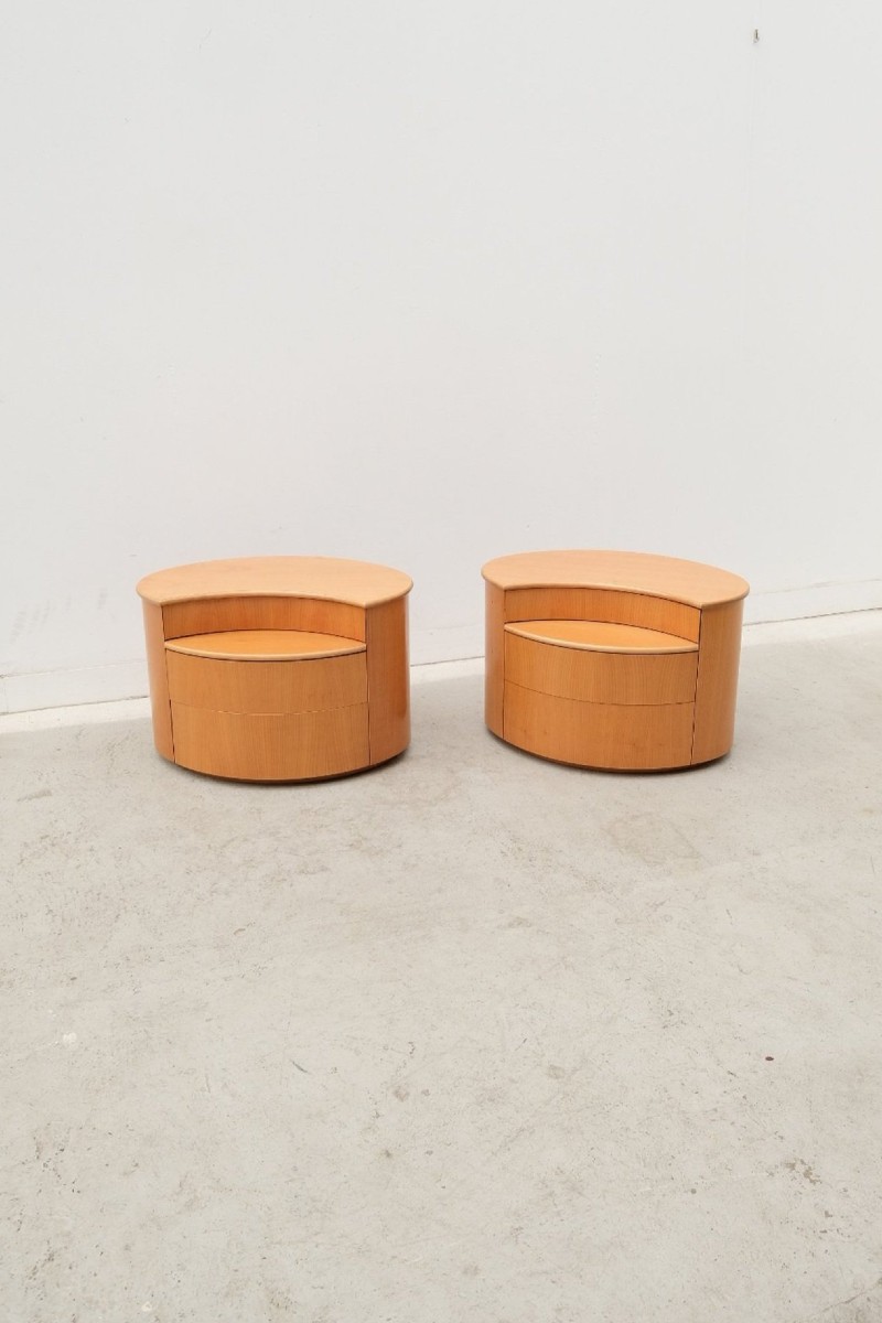 Pair Of Ligne Roset Elm Bedside Tables, 1990  